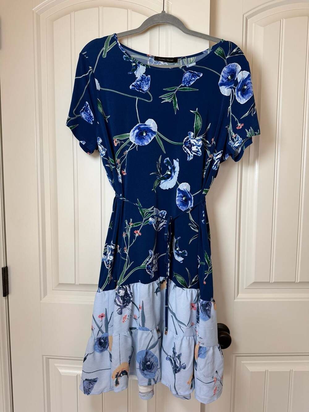 XL Ivanka Trump Navy Floral Print Wrap Dress with Ruffled Hem